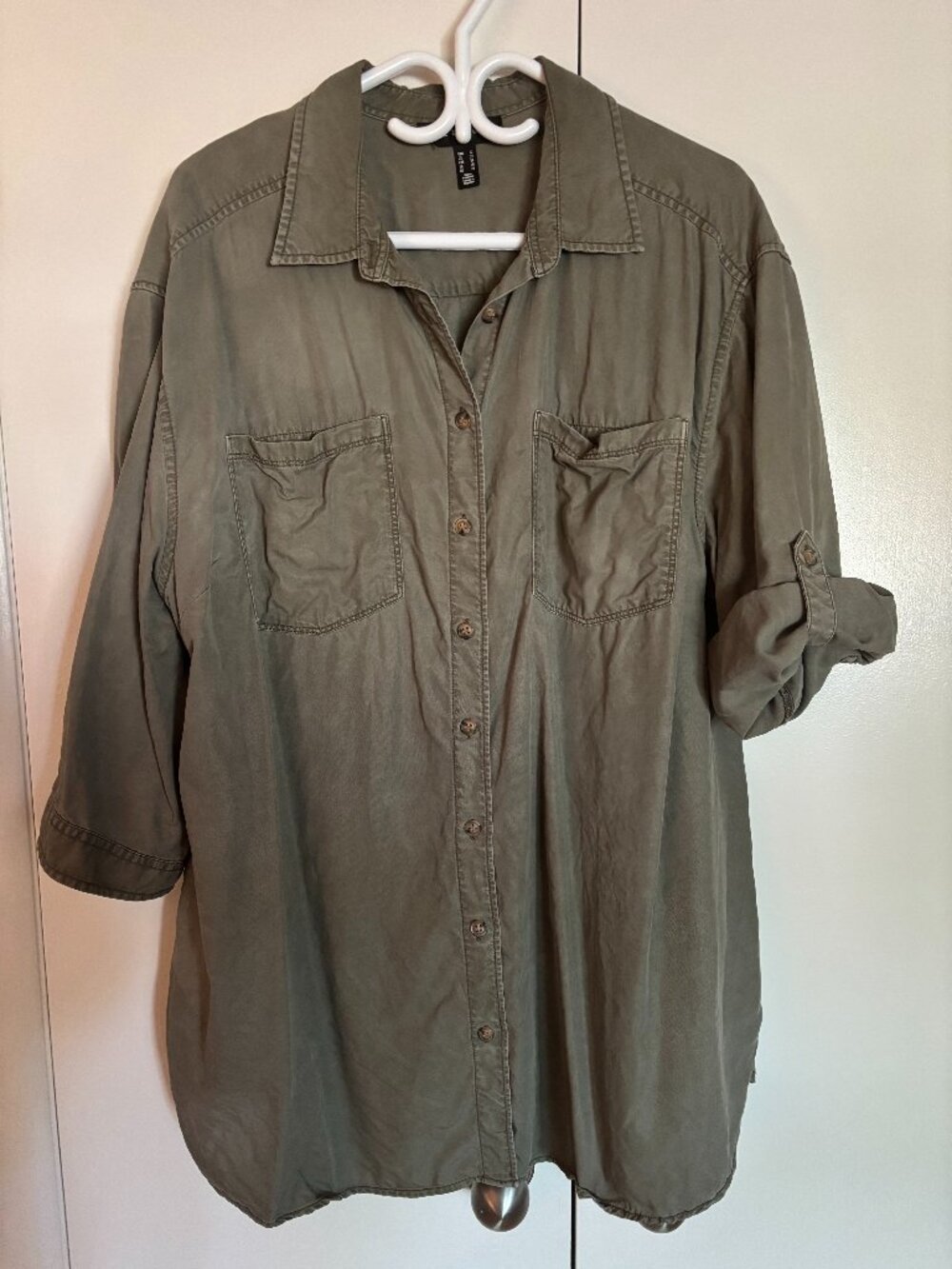 Love & Legend Olive Green Utility Tunic Shirt Roll-Tab Sleeve Size 22
